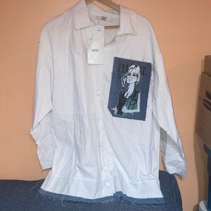 White Casual Button Down Shirt with Graphic Patch